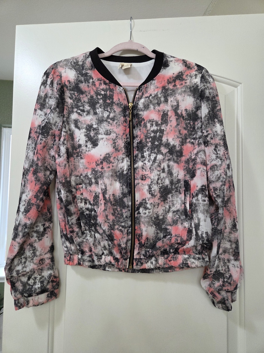 Japna Pink and Black Abstract Bomber Jacket